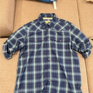 Magellan Outdoors Navy and Light Blue Plaid Shirt